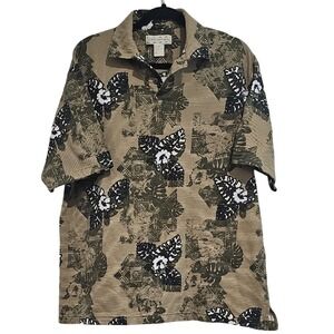 Vintage Tan & Navy Aloha Style Casual Polo Style Shirt